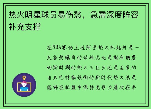 热火明星球员易伤愁，急需深度阵容补充支撑